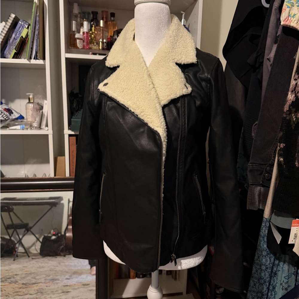 Old Navy Black Faux Leather Jacket with Cream Shearling Collar